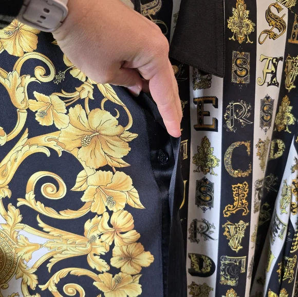 VERSACE 100% silk gold black Hibiscus Baroque Virtus Alphabet shirt S size mens - Picture 12 of 16